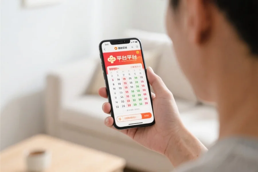 一位用户拿着手机认真查看开奖数据,屏幕上显示清晰的数字结果和平台标志,背景为简洁家居环境