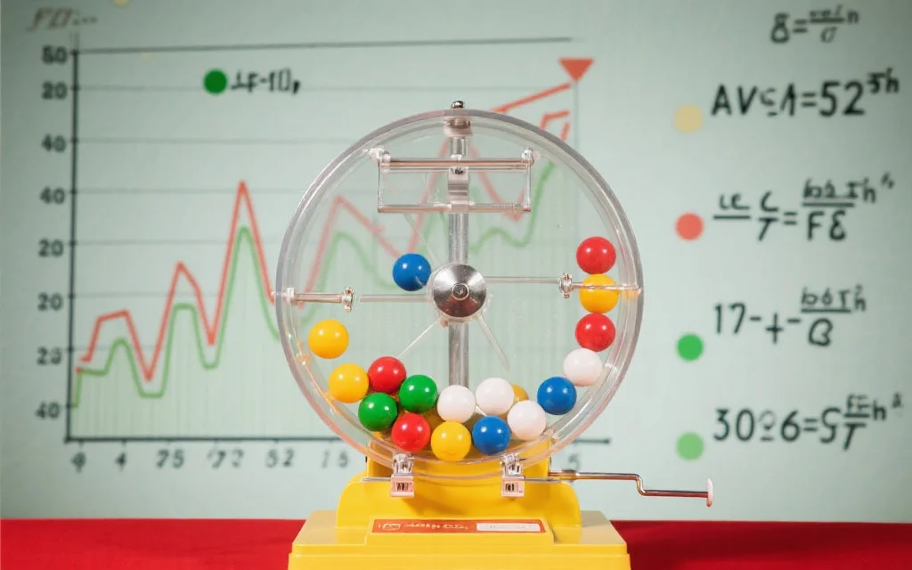 一个彩票抽奖机正在随机抽取彩球,背景为图表和概率公式